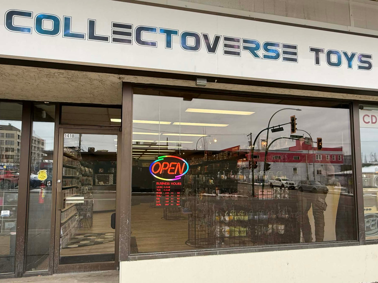 Storefront of Collectoverse Toys with 'Open' sign in window
